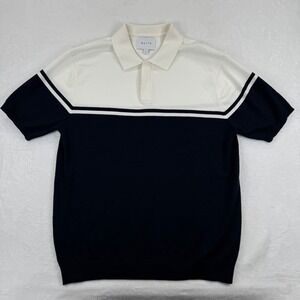 Raith Mens XL Knit Polo Shirt Navy Blue White Colorblock Striped Short Sleeve